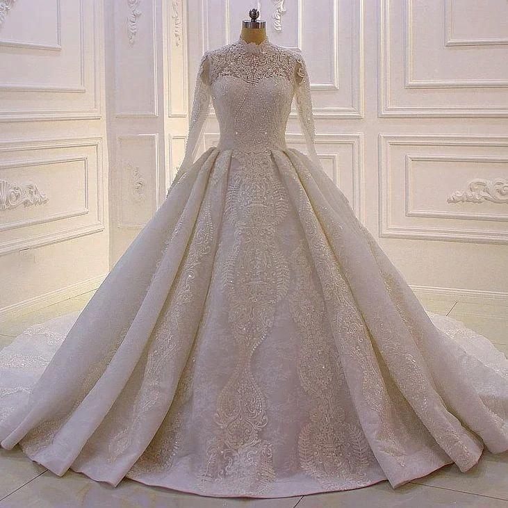 Elegant Princess A-line High Neck Lace Sequined Wedding Dress With Long Sleeves (ZD14542)
