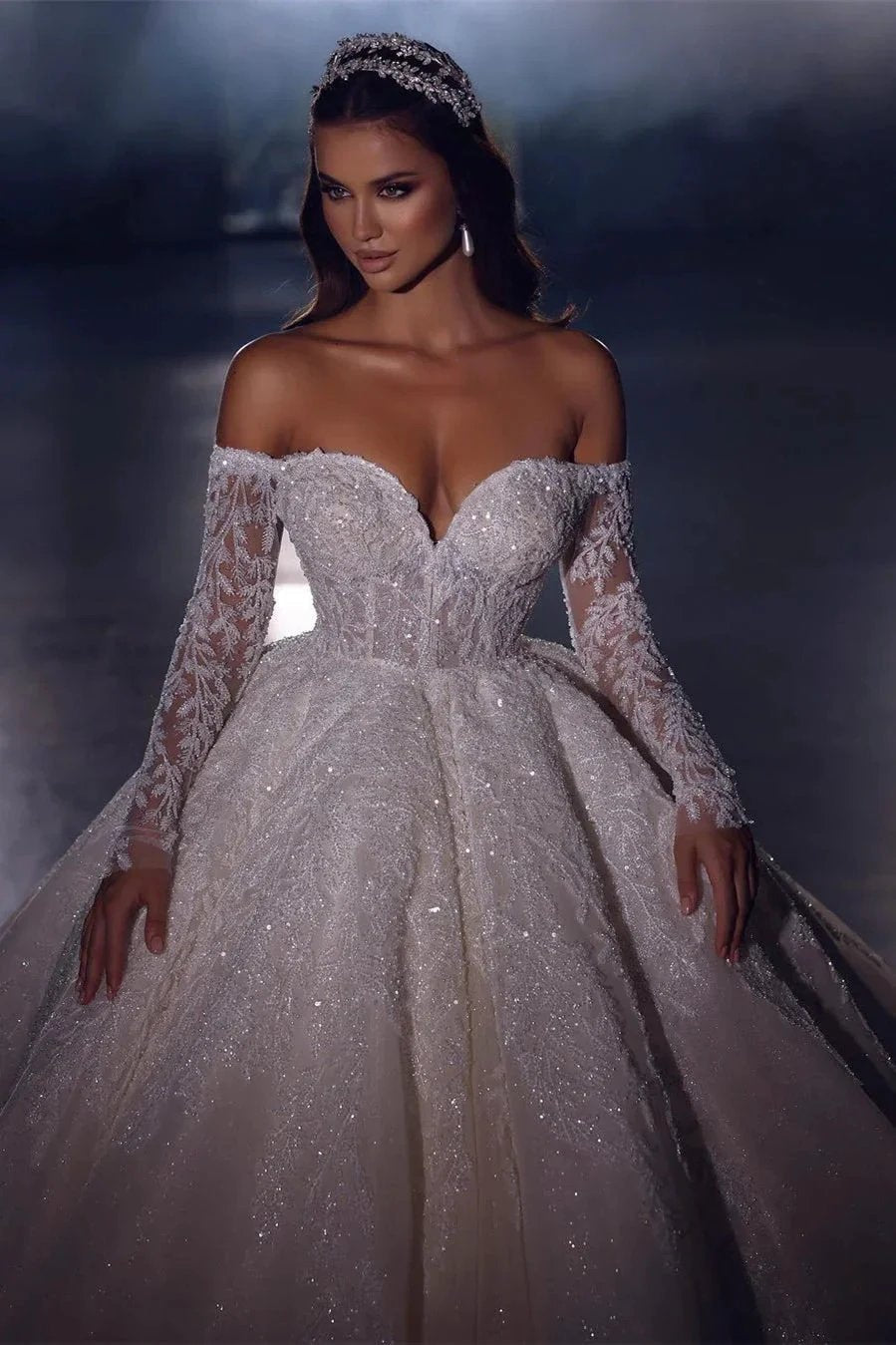 Elegant Princess A-line Off-the-shoulder Lace Appliques Wedding Dress With Long Sleeves (ZD14523)