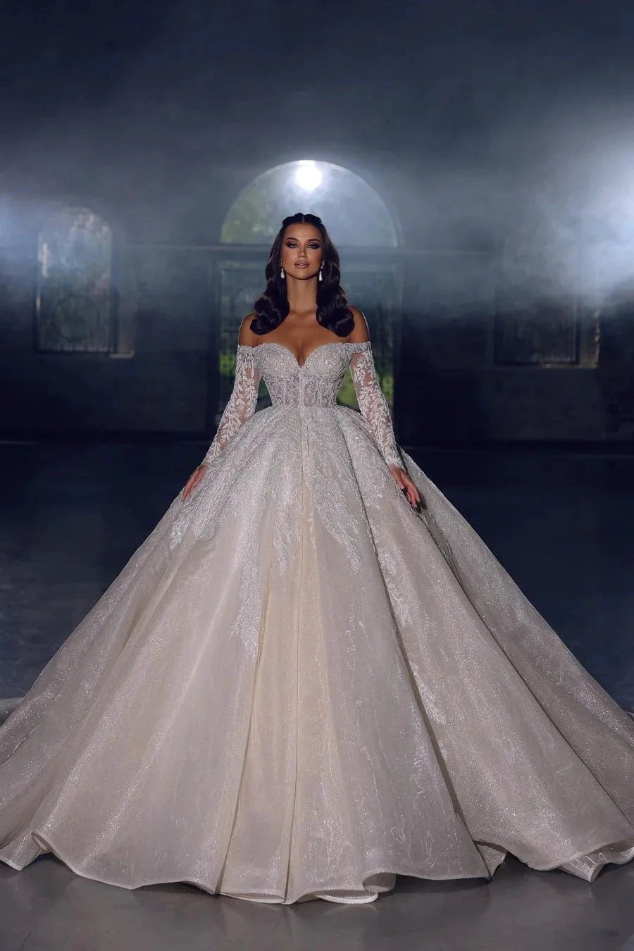 Elegant Princess A-line Off-the-shoulder Lace Appliques Wedding Dress With Long Sleeves (ZD14523)