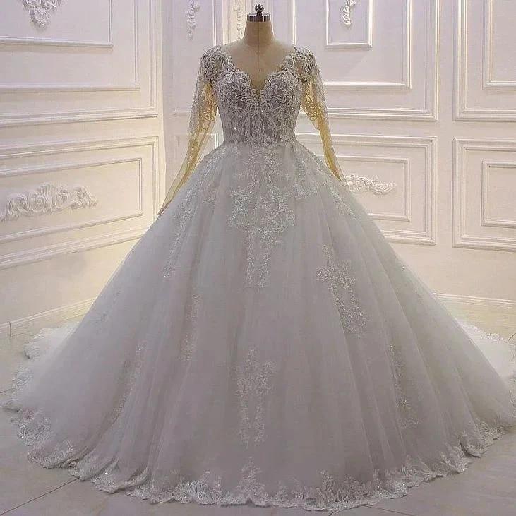 Elegant Princess A-line Tulle V-neck Lace Wedding Dress With Long Sleeves (ZD14538) - View 2 | VelvetHem