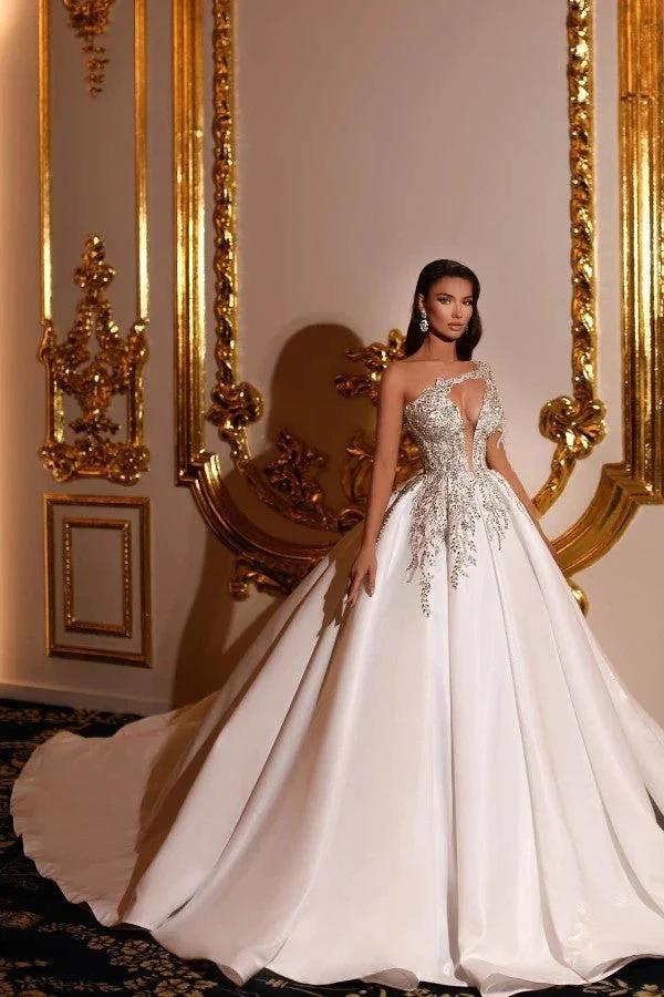 Elegant Princess Long A-line V-neck One Shoulder Satin Wedding Dresses (ZD14834)