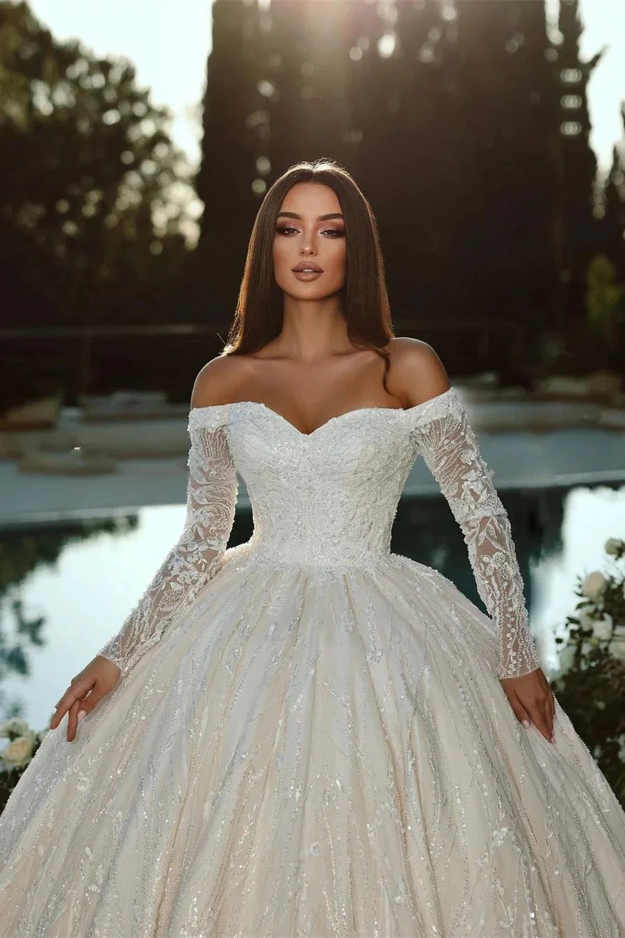 Elegant Princess Off-the-shoulder A-line Ball Gown Wedding Dress With Long Sleeves (ZD16533)