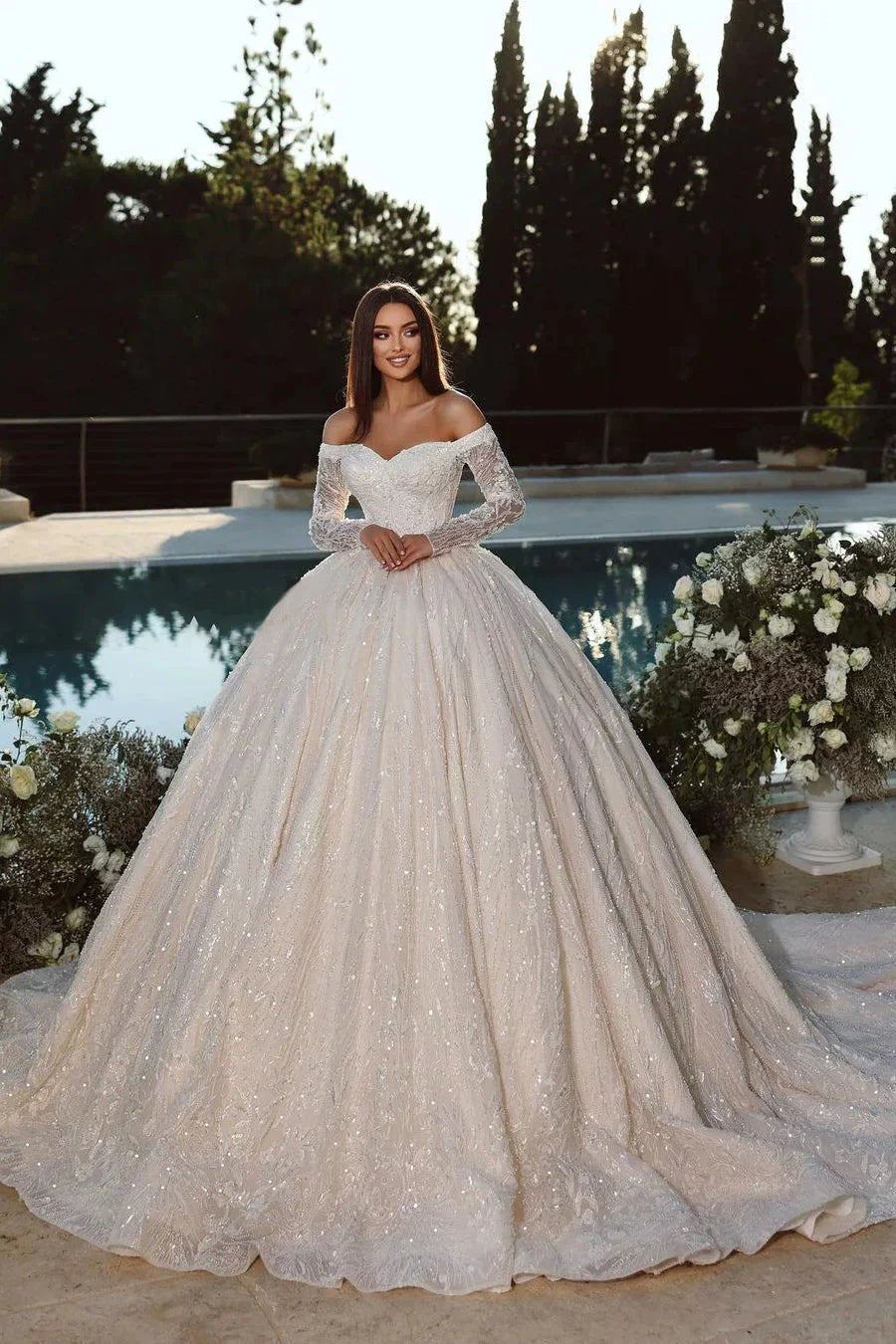 Elegant Princess Off-the-shoulder A-line Ball Gown Wedding Dress With Long Sleeves (ZD16533)
