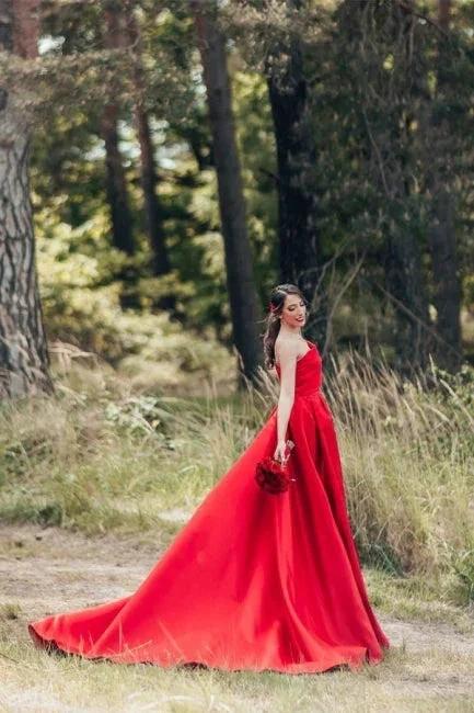Elegant Red A-Line One Shoulder Satin Sleeveless Wedding Dresses (ZD14919)