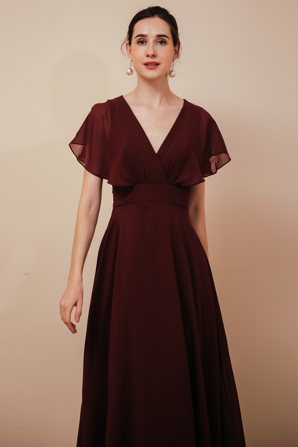 Elegant Rust Cool-shoulder V-Neck Chiffon Evening Dress