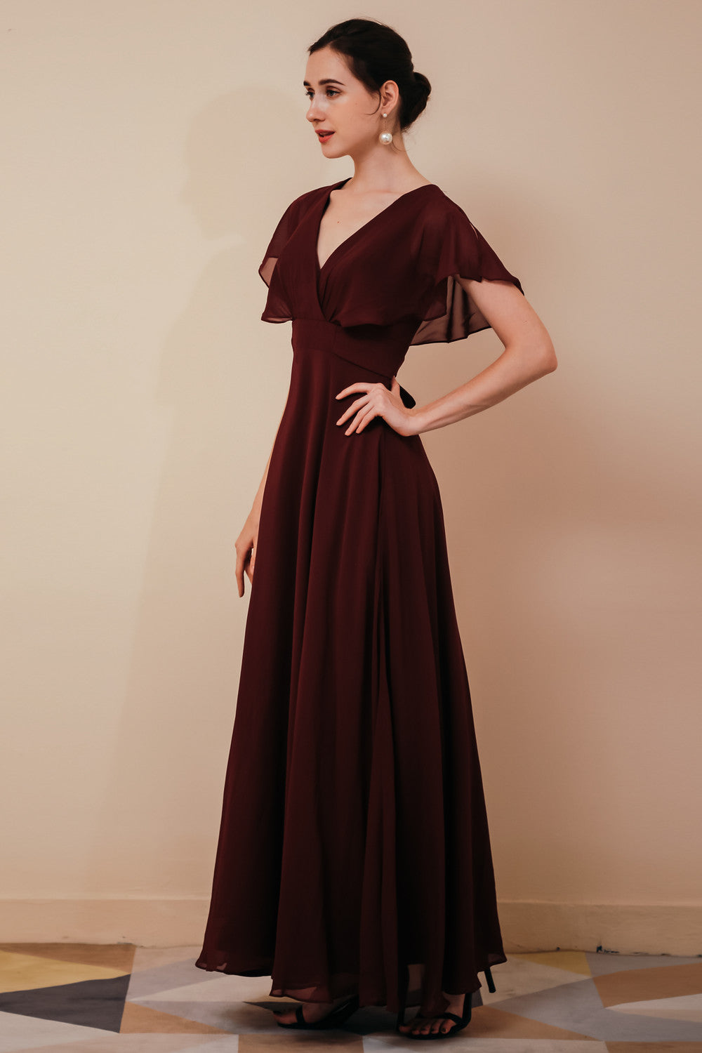 Elegant Rust Cool-shoulder V-Neck Chiffon Evening Dress