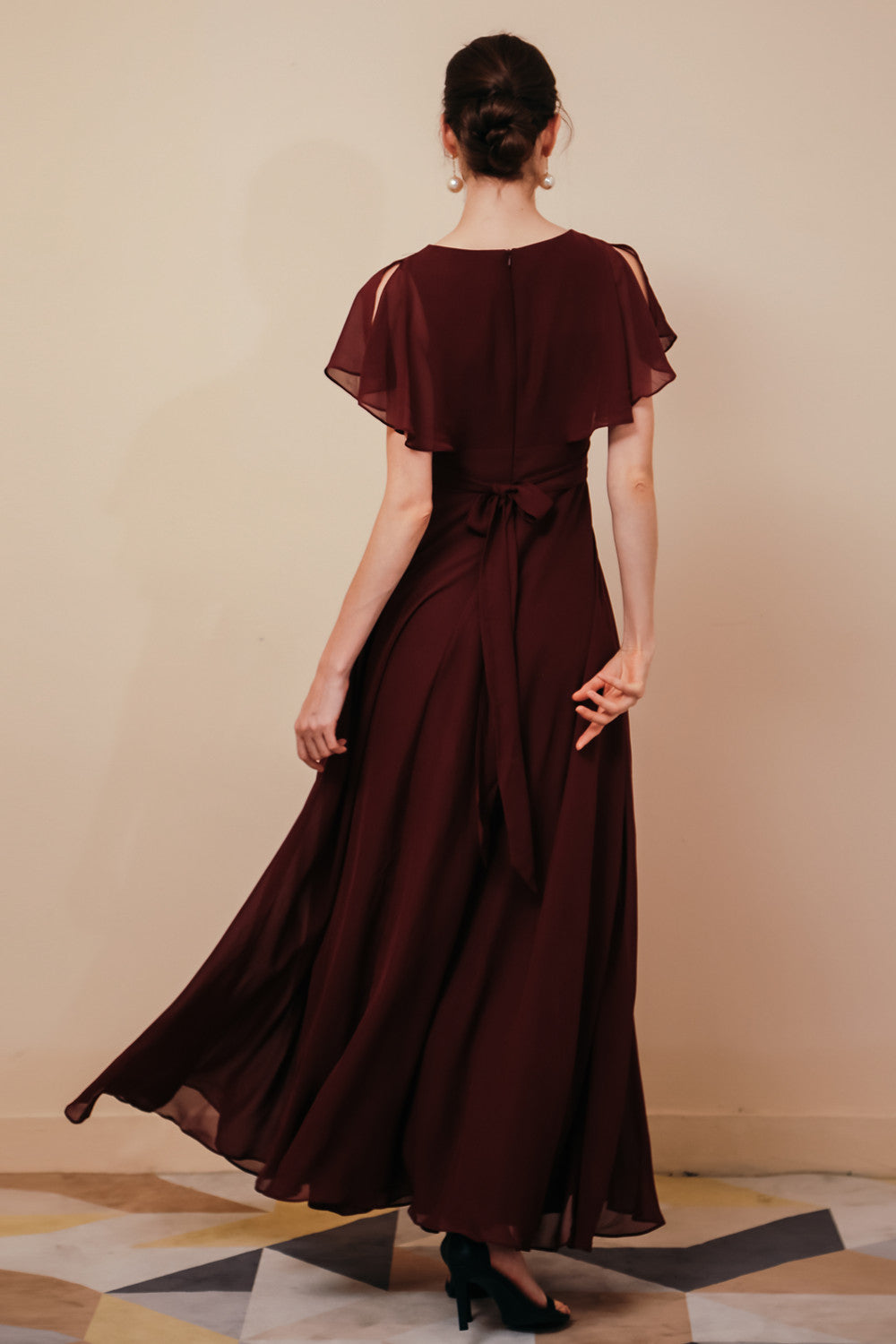 Elegant Rust Cool-shoulder V-Neck Chiffon Evening Dress
