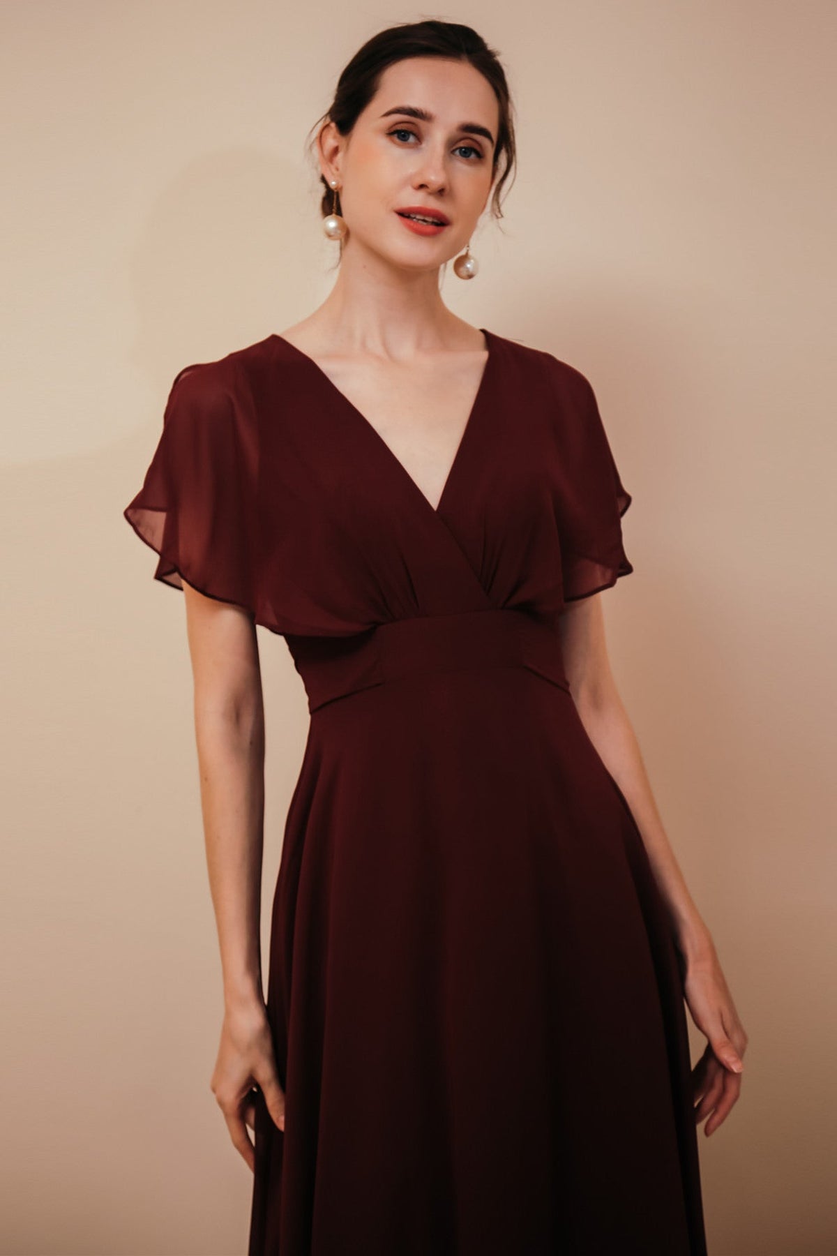 Elegant Rust Cool-shoulder V-Neck Chiffon Evening Dress