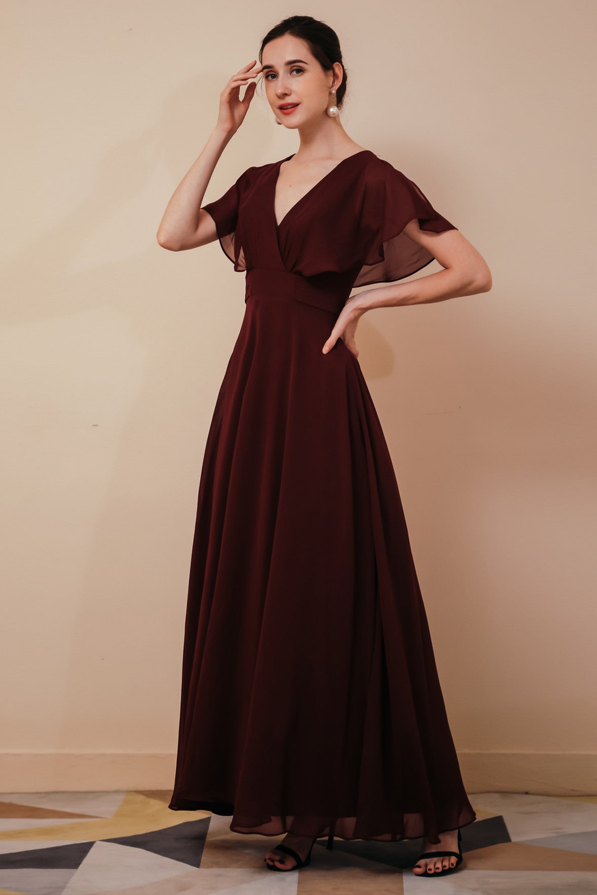 Elegant Rust Cool-shoulder V-Neck Chiffon Evening Dress