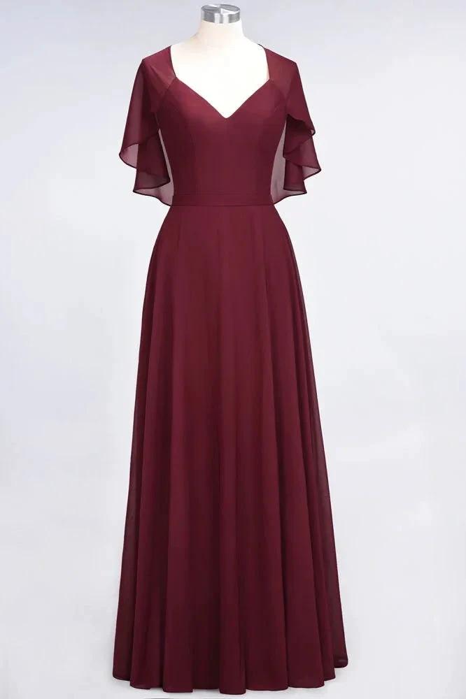 Elegant Satin V-Neck Short Sleeve Princess Bridesmaid Dress Ruffle Chiffon Wedding Guest Dress (ZD13100)