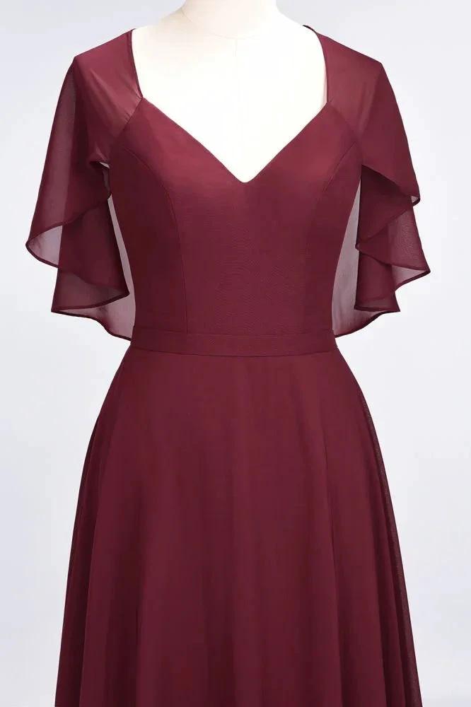 Elegant Satin V-Neck Short Sleeve Princess Bridesmaid Dress Ruffle Chiffon Wedding Guest Dress (ZD13100)