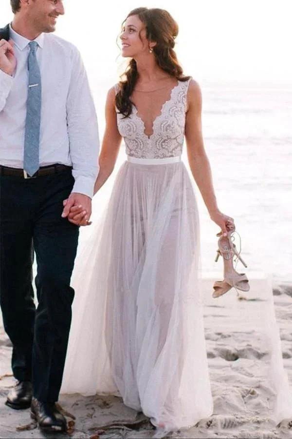 Elegant Scoop Neck Lace A Line Tulles Beach Wedding Dress (ZD16275)