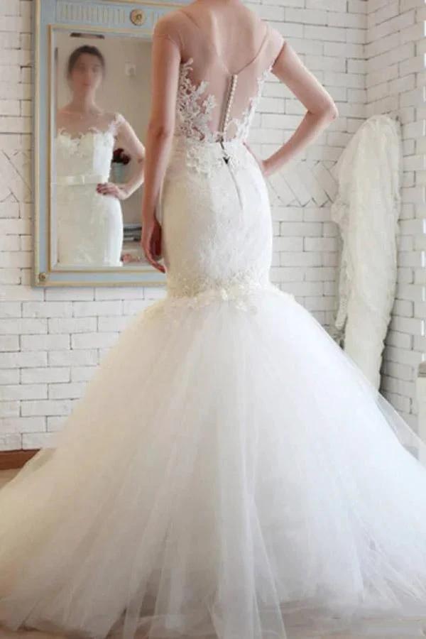 Elegant Sheer Back Tulle Lace Mermaid Wedding Dress (ZD15472)