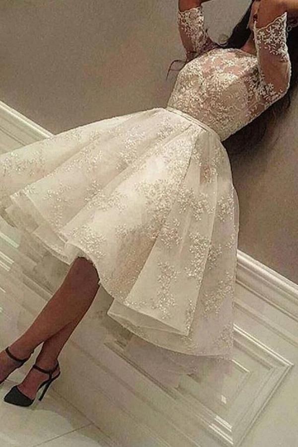 Elegant Short A-line Jewel Tulle Lace Wedding Dress with Sleeves (ZD15172) - VelvetHem