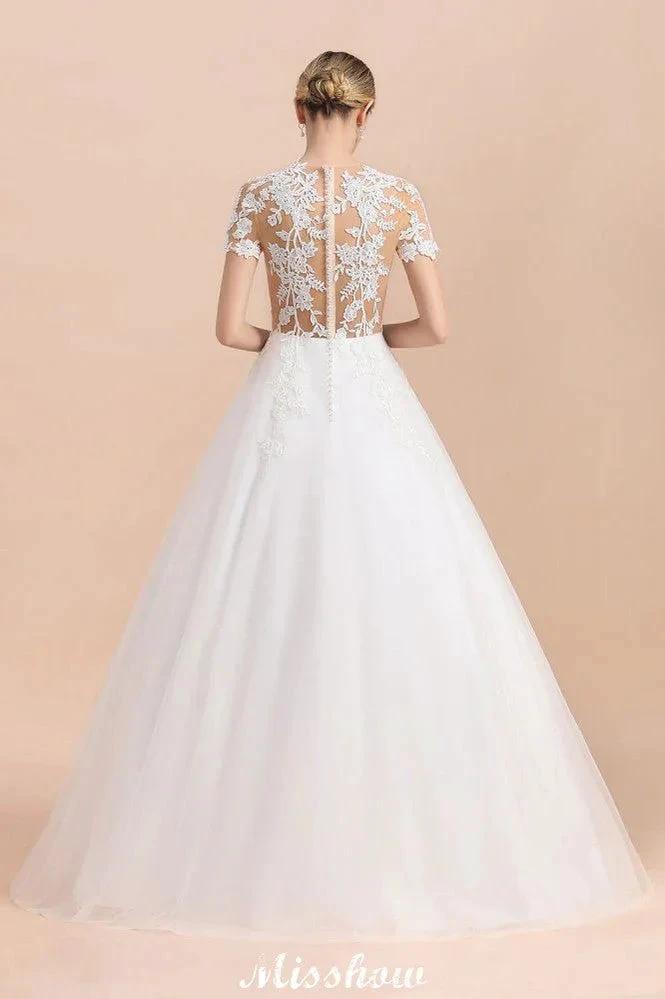 Elegant Short Sleeve Ball Gown White Lace Appliques Wedding Dress (ZD13989) - View 2 | VelvetHem