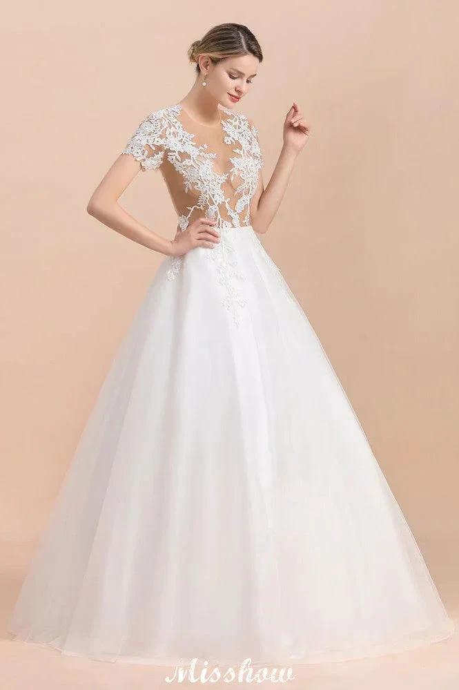 Elegant Short Sleeve Ball Gown White Lace Appliques Wedding Dress (ZD13989) - View 3 | VelvetHem