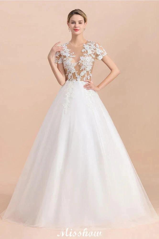 Elegant Short Sleeve Ball Gown White Lace Appliques Wedding Dress (ZD13989)