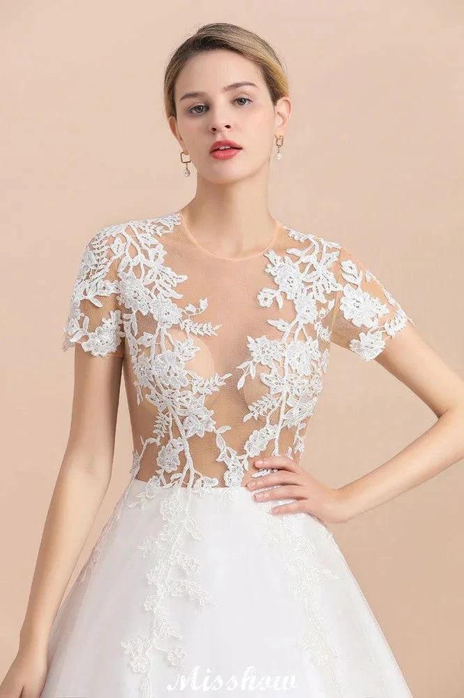 Elegant Short Sleeve Ball Gown White Lace Appliques Wedding Dress (ZD13989)