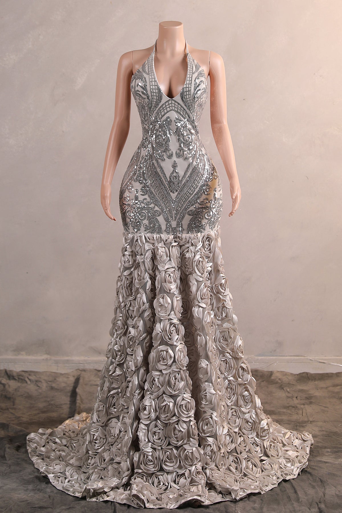 Elegant Silver Sequin Flowers Mermaid Floor-Length Prom Dresses