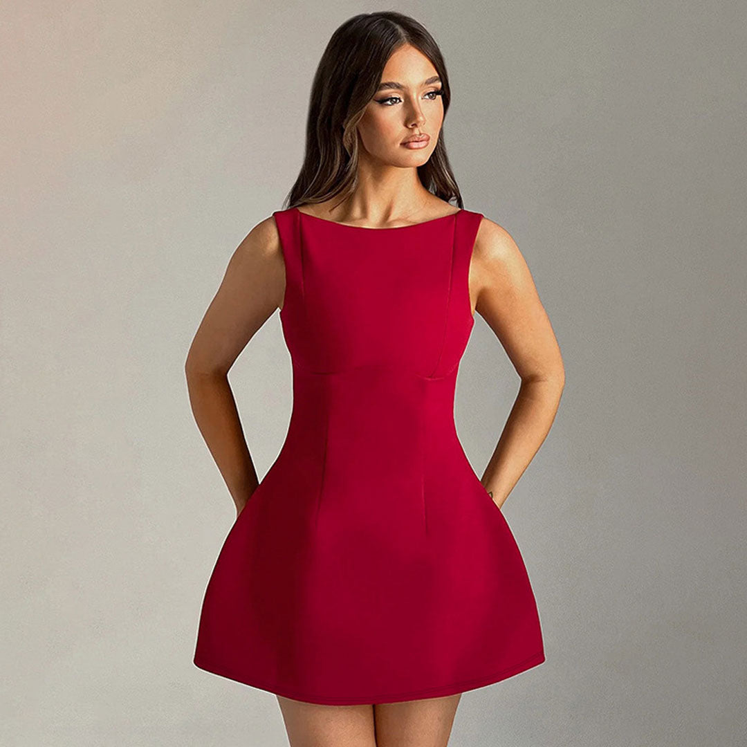 Elegant Solid Color Boat Neck Open Back Sleeveless A Line Mini Party Dress - Fashionpara