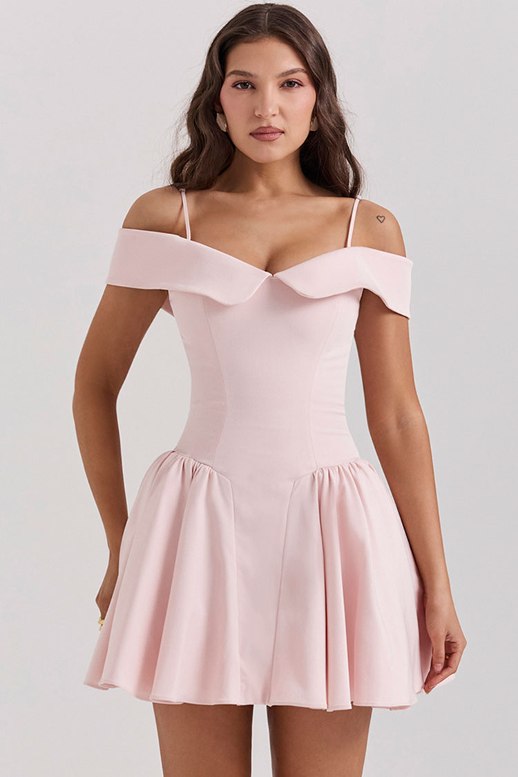 Elegant Spaghetti Strap Off Shoulder Drop Waist Fit & Flare Party Mini Dress - Pink - Fashionpara