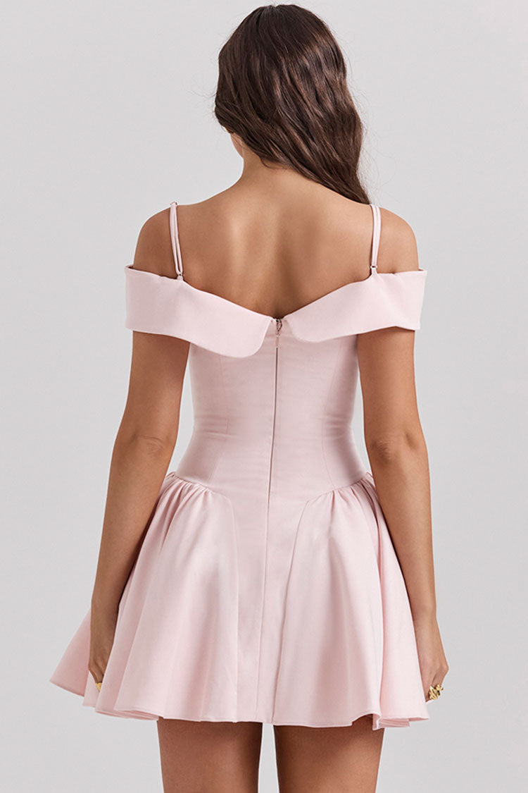 Elegant Spaghetti Strap Off Shoulder Drop Waist Fit & Flare Party Mini Dress - Pink - Fashionpara