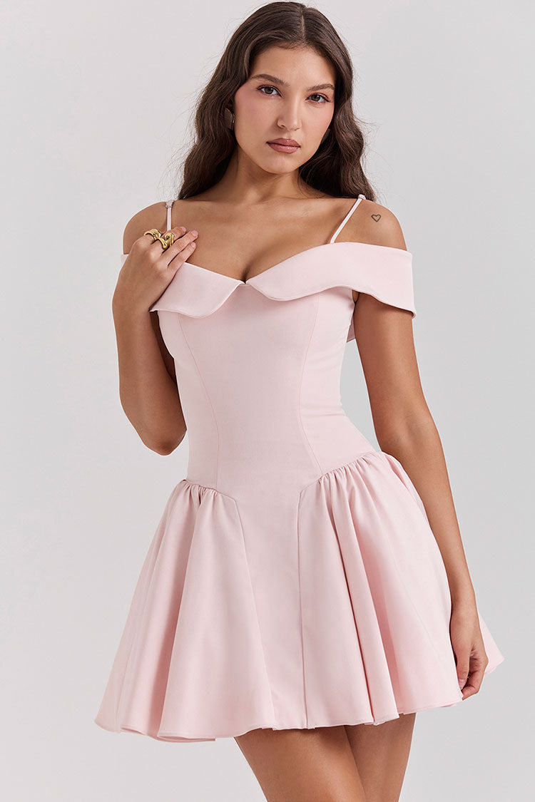 Elegant Spaghetti Strap Off Shoulder Drop Waist Fit & Flare Party Mini Dress - Pink - Fashionpara