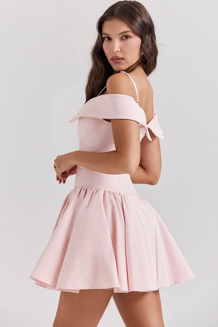 Elegant Spaghetti Strap Off Shoulder Drop Waist Fit & Flare Party Mini Dress - Pink - Fashionpara