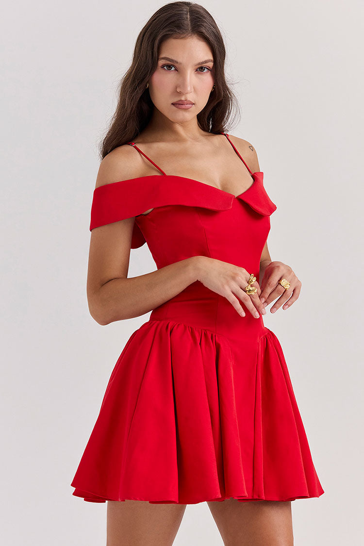 Elegant Spaghetti Strap Off Shoulder Drop Waist Fit & Flare Party Mini Dress - Red - Fashionpara