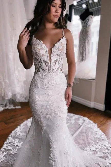 Elegant spaghetti straps sleeveless mermaid lace wedding dress (ZD14870)