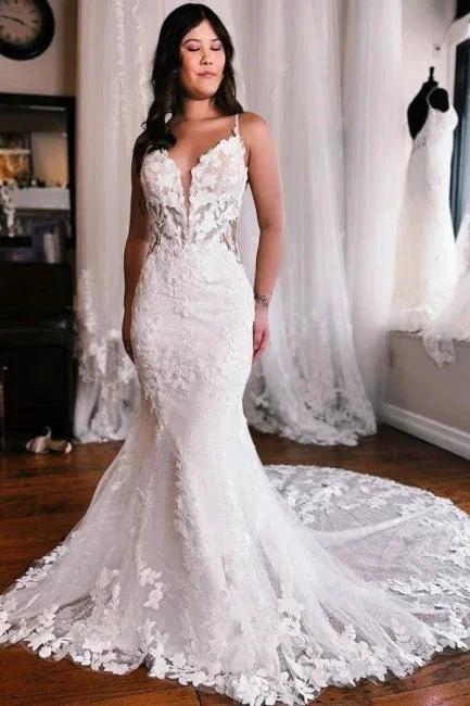 Elegant spaghetti straps sleeveless mermaid lace wedding dress (ZD14870)