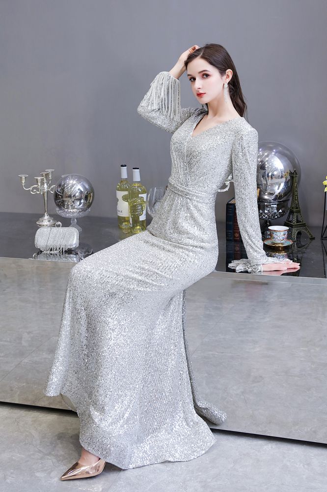 Elegant Sparkle Sequined Burgundy Long Sleeves V-Neck Mermaid Long Prom Party Gowns