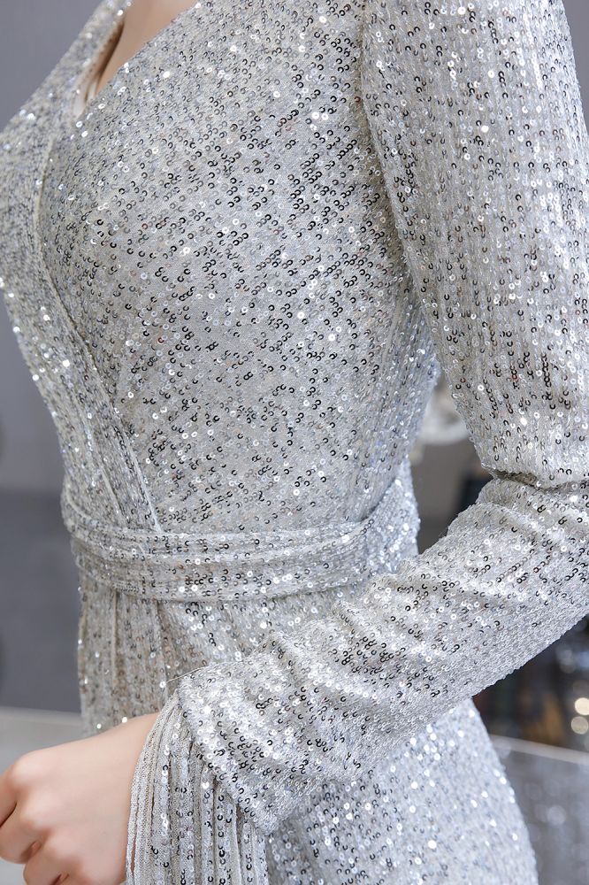 Elegant Sparkle Sequined Burgundy Long Sleeves V-Neck Mermaid Long Prom Party Gowns