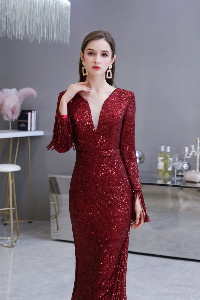 Elegant Sparkle Sequined Burgundy Long Sleeves V-Neck Mermaid Long Prom Party Gowns