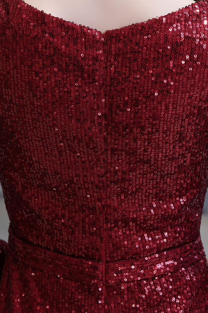 Elegant Sparkle Sequined Burgundy Long Sleeves V-Neck Mermaid Long Prom Party Gowns