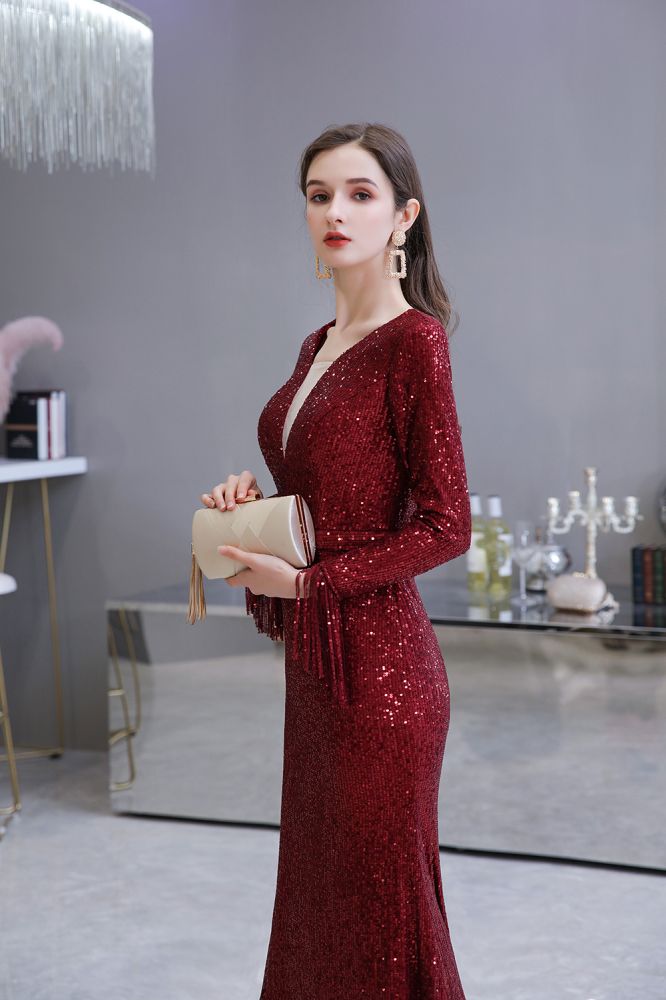 Elegant Sparkle Sequined Burgundy Long Sleeves V-Neck Mermaid Long Prom Party Gowns