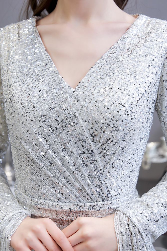 Elegant Sparkle Sequined Burgundy Long Sleeves V-Neck Mermaid Long Prom Party Gowns
