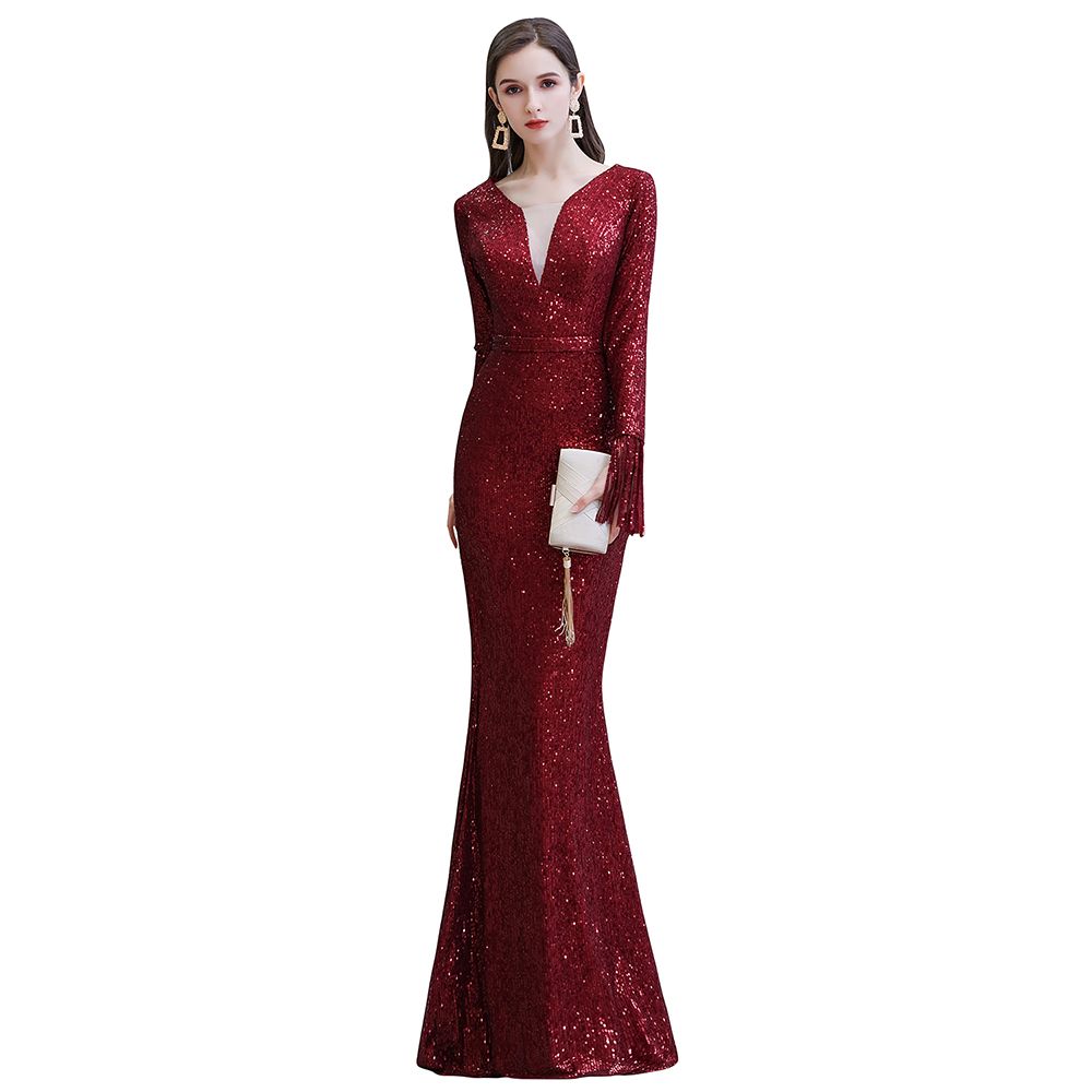 Elegant Sparkle Sequined Burgundy Long Sleeves V-Neck Mermaid Long Prom Party Gowns