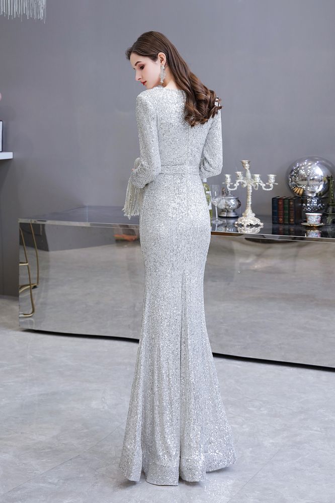 Elegant Sparkle Sequined Burgundy Long Sleeves V-Neck Mermaid Long Prom Party Gowns