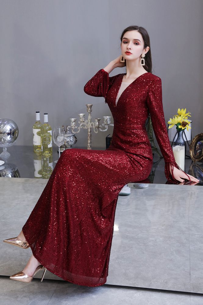 Elegant Sparkle Sequined Burgundy Long Sleeves V-Neck Mermaid Long Prom Party Gowns