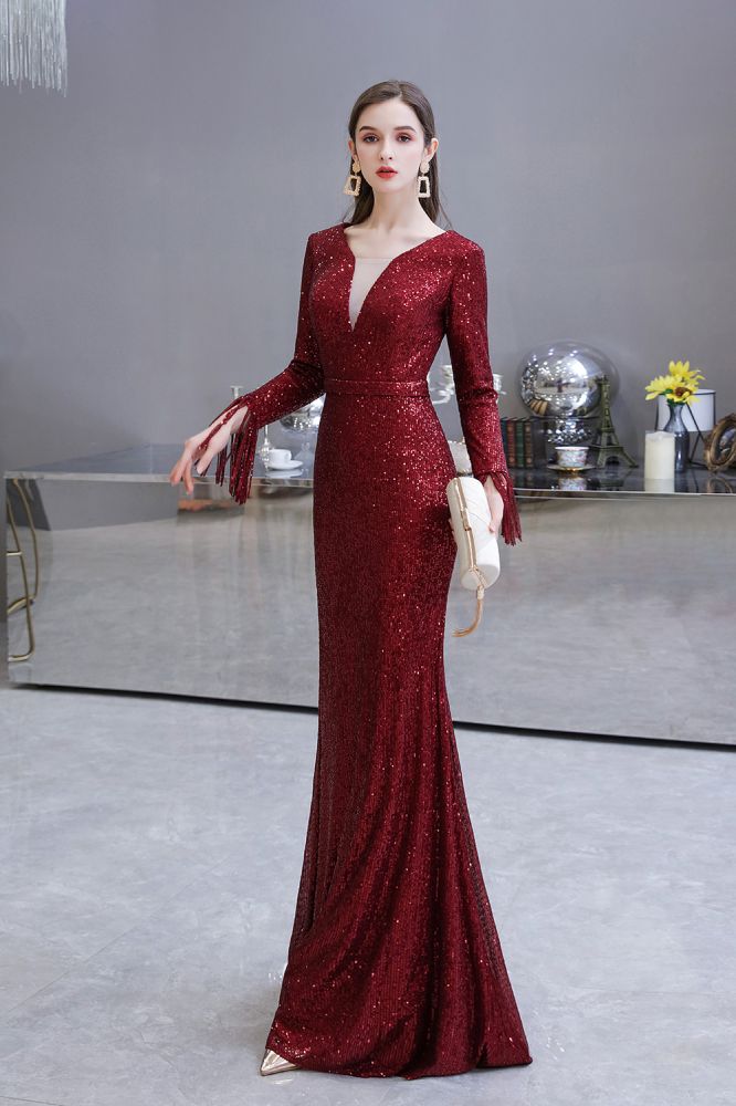 Elegant Sparkle Sequined Burgundy Long Sleeves V-Neck Mermaid Long Prom Party Gowns