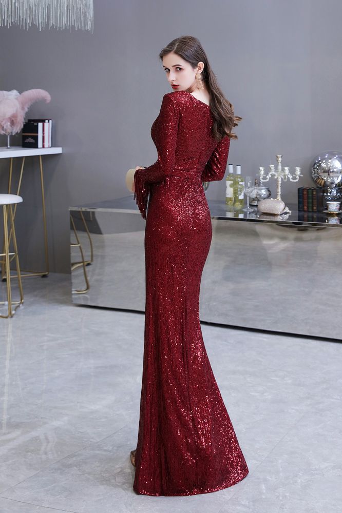 Elegant Sparkle Sequined Burgundy Long Sleeves V-Neck Mermaid Long Prom Party Gowns