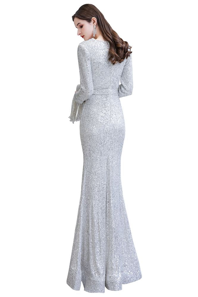 Elegant Sparkle Sequined Burgundy Long Sleeves V-Neck Mermaid Long Prom Party Gowns