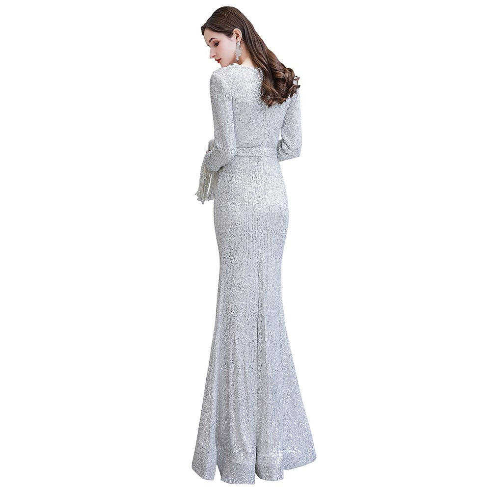 Elegant Sparkle Sequined Burgundy Long Sleeves V-Neck Mermaid Long Prom Party Gowns