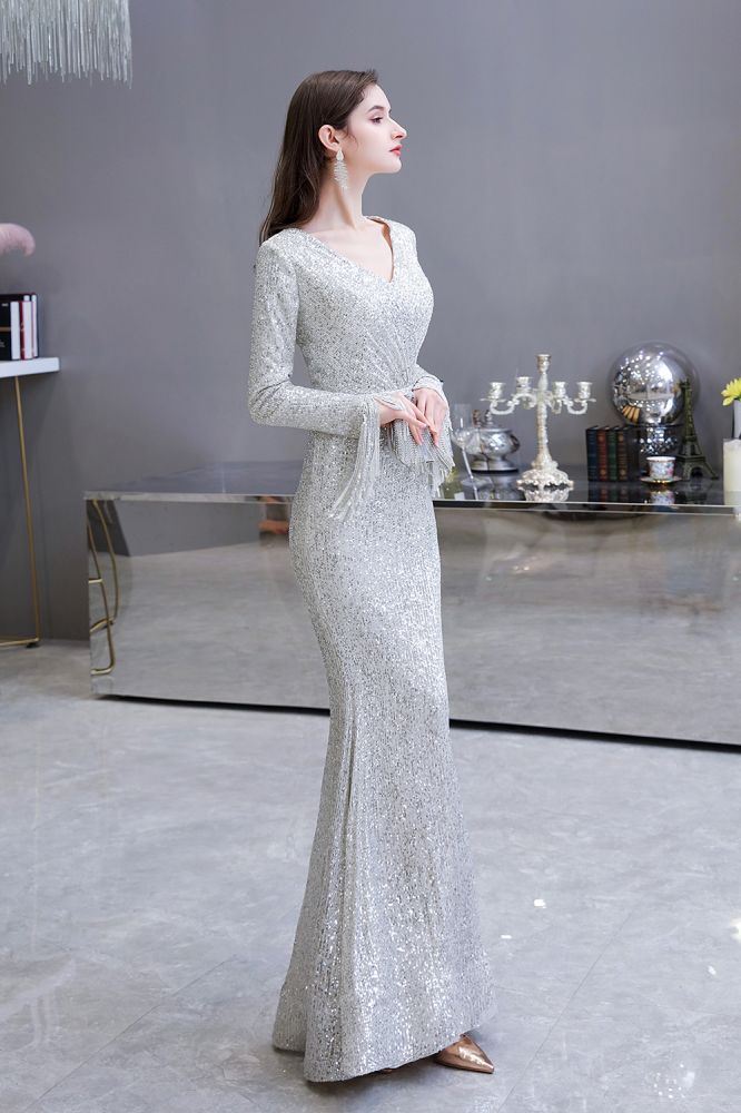 Elegant Sparkle Sequined Burgundy Long Sleeves V-Neck Mermaid Long Prom Party Gowns