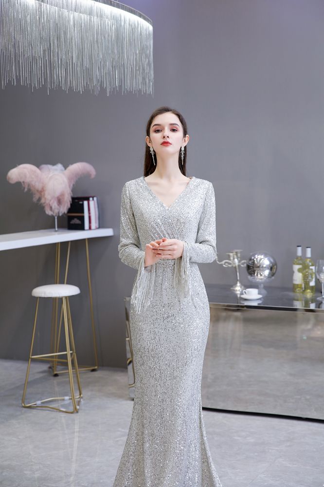 Elegant Sparkle Sequined Burgundy Long Sleeves V-Neck Mermaid Long Prom Party Gowns
