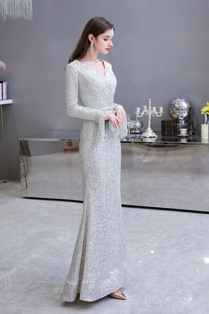 Elegant Sparkle Sequined Burgundy Long Sleeves V-Neck Mermaid Long Prom Party Gowns