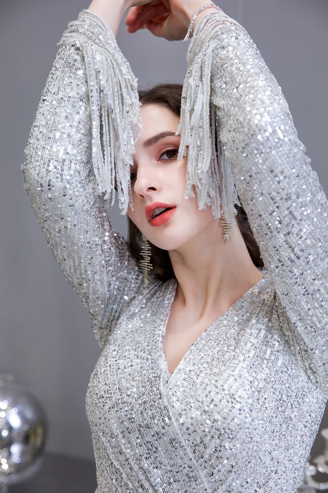 Elegant Sparkle Sequined Burgundy Long Sleeves V-Neck Mermaid Long Prom Party Gowns