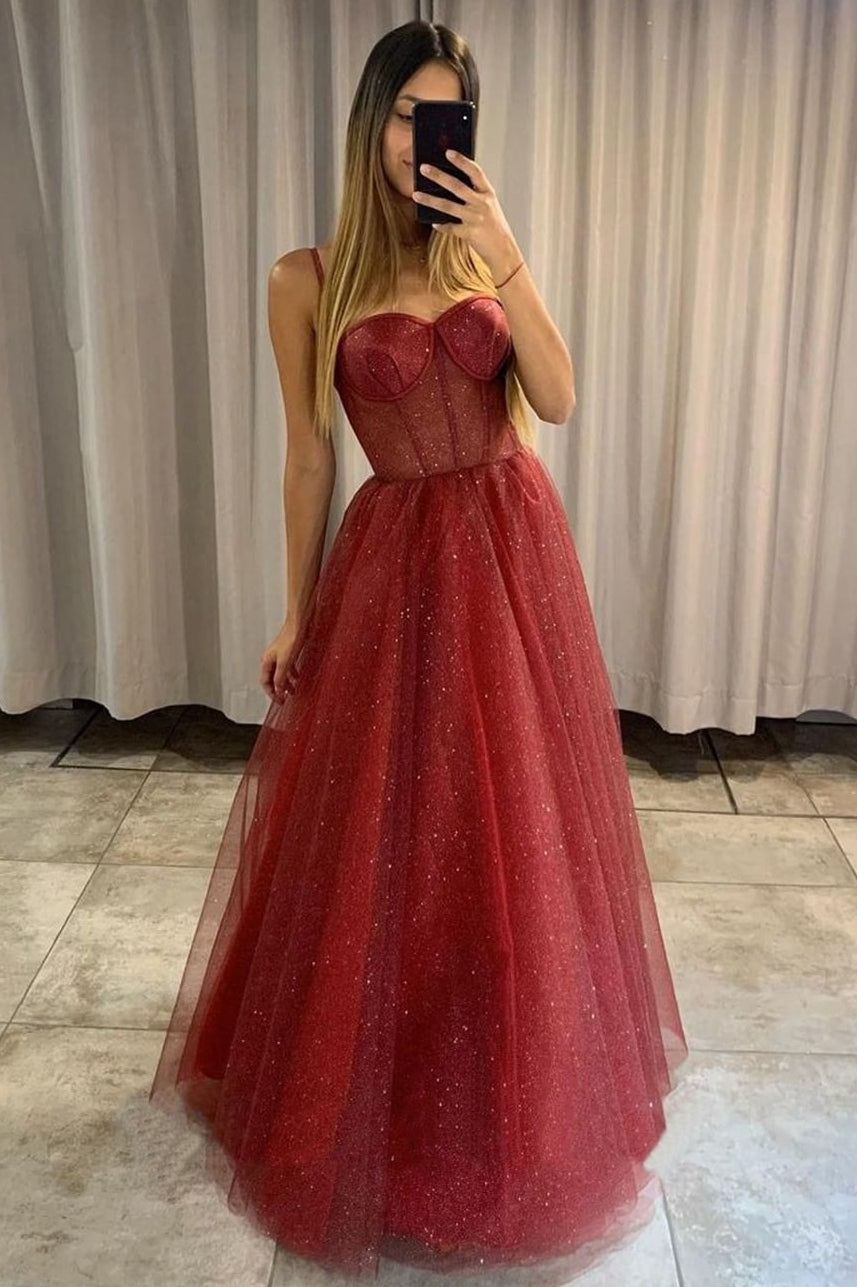 Elegant Sparkle Spaghetti strap Burgundy A-Line Princess Tulle Prom Dress