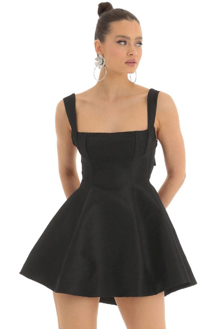 Elegant Square Neck Sleeveless Bow Tie Fit & Flare Party Mini Dress - Fashionpara